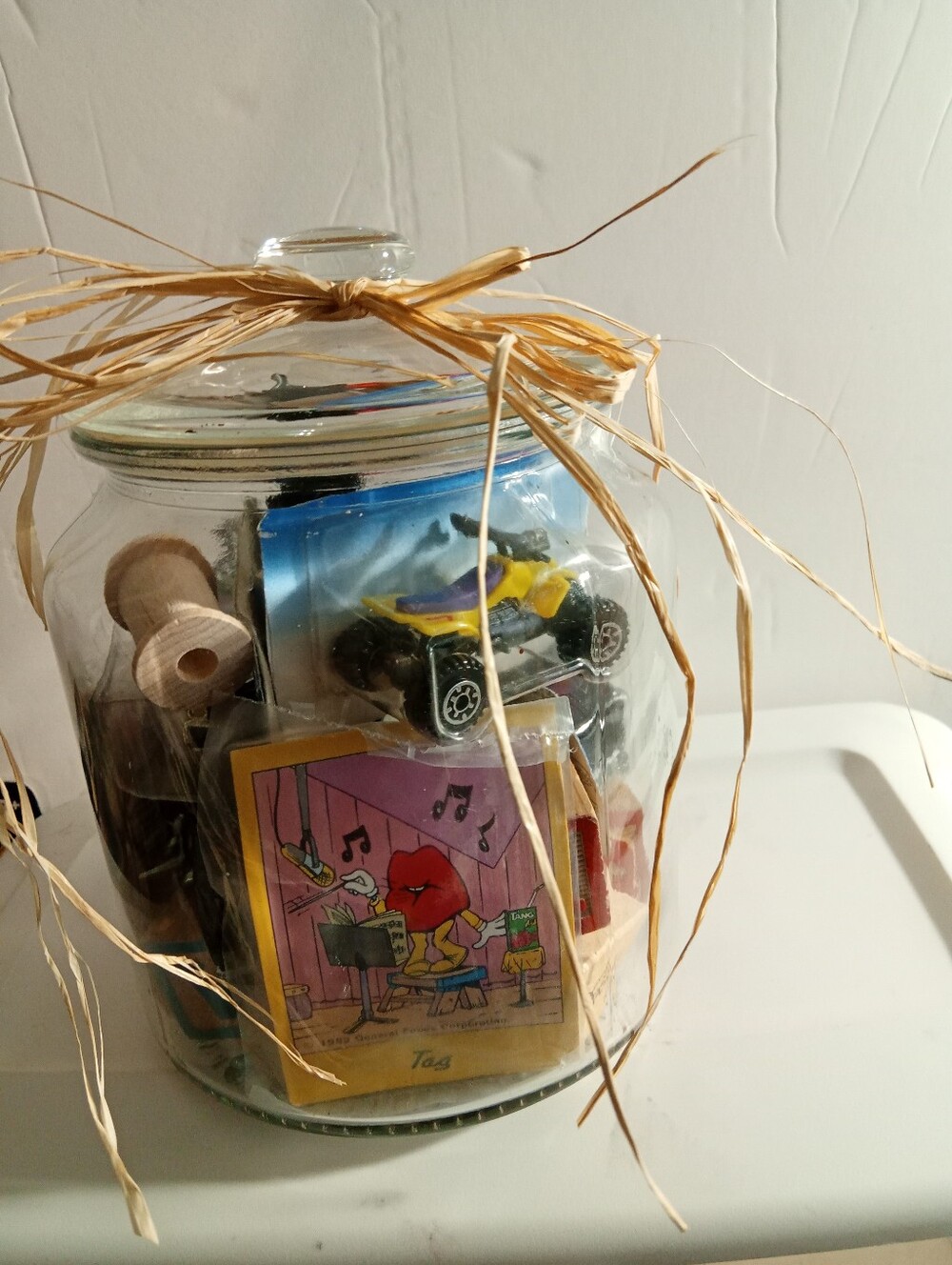Jar With 8 Vintage Diecast Cars, Trading Cards And Figurines, Blocks And Jacks